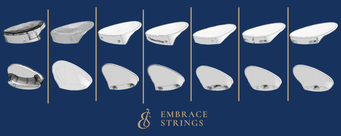 Progression of Embrace Strings chinrest prototypes, from hand-carved wood to the final design